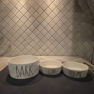 Rae Dunn White Dog Bowls Set - Bark, Love, Feed Me